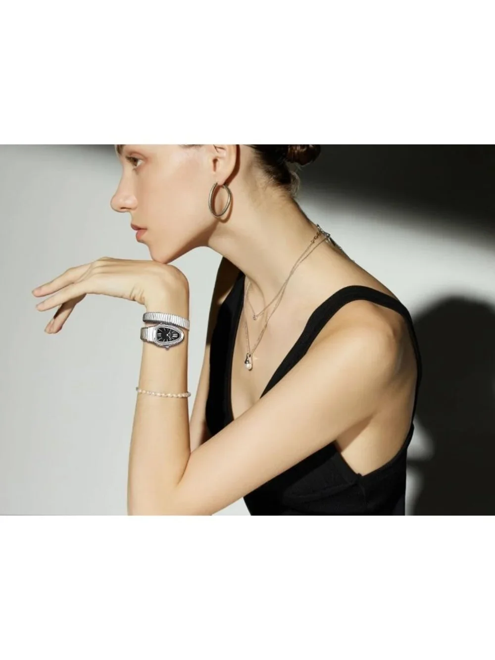 Women's Silver Black Elegant Wrap Around Bangle Fashion Snake Cuff Wrist Watches